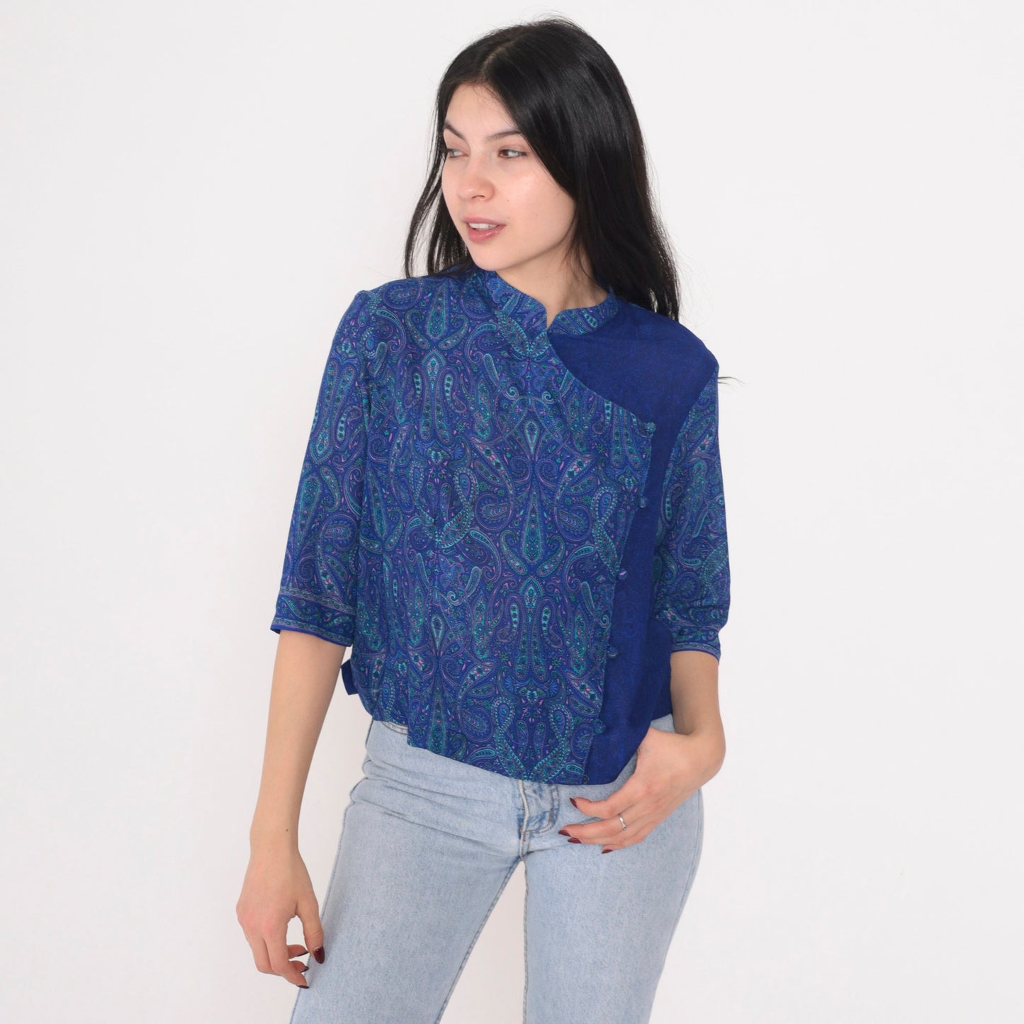 90s Blue Paisley Asymmetrical Button-Up Blouse Half Sleeve Medium Large