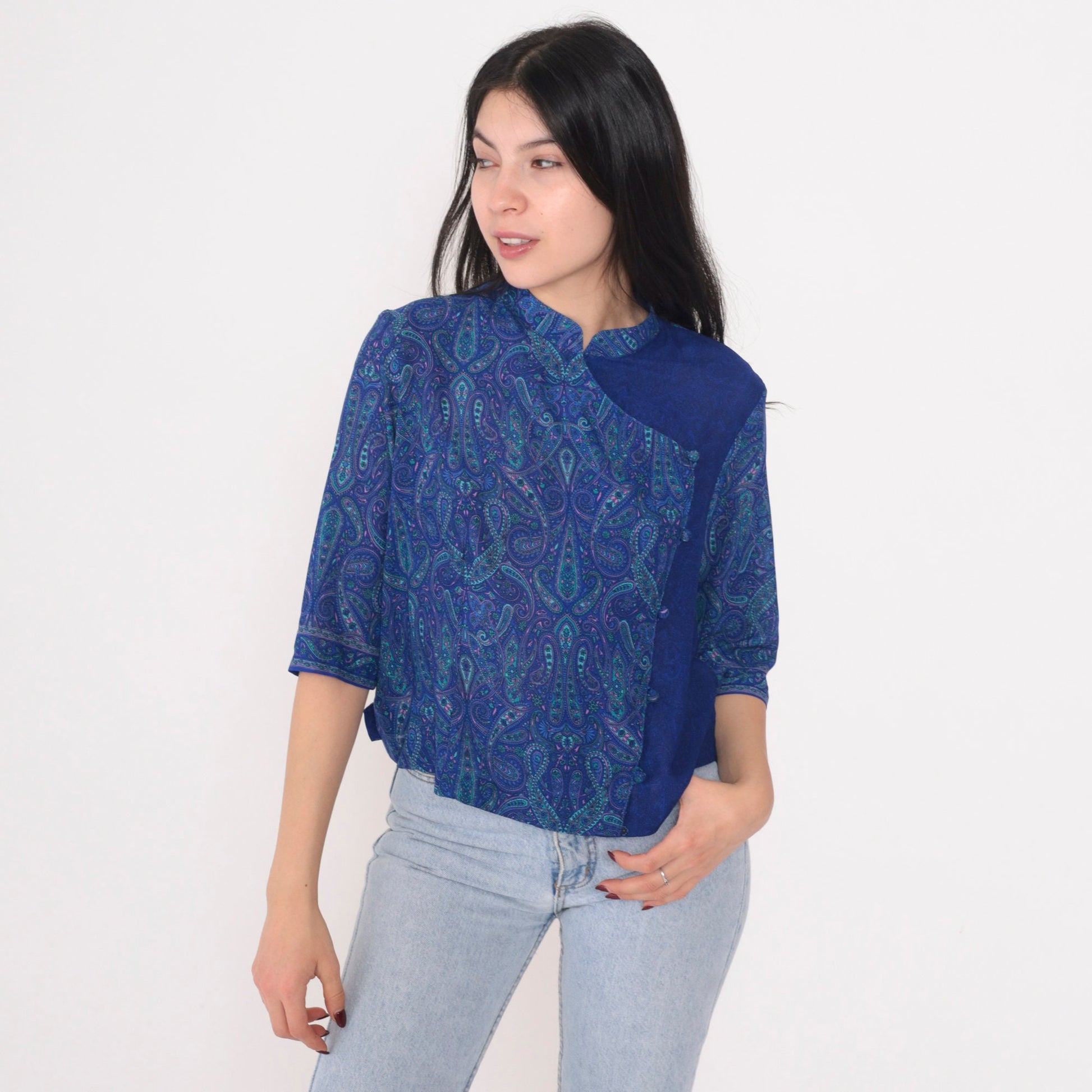 90s Blue Paisley Asymmetrical Button-Up Blouse Half Sleeve Medium Large
