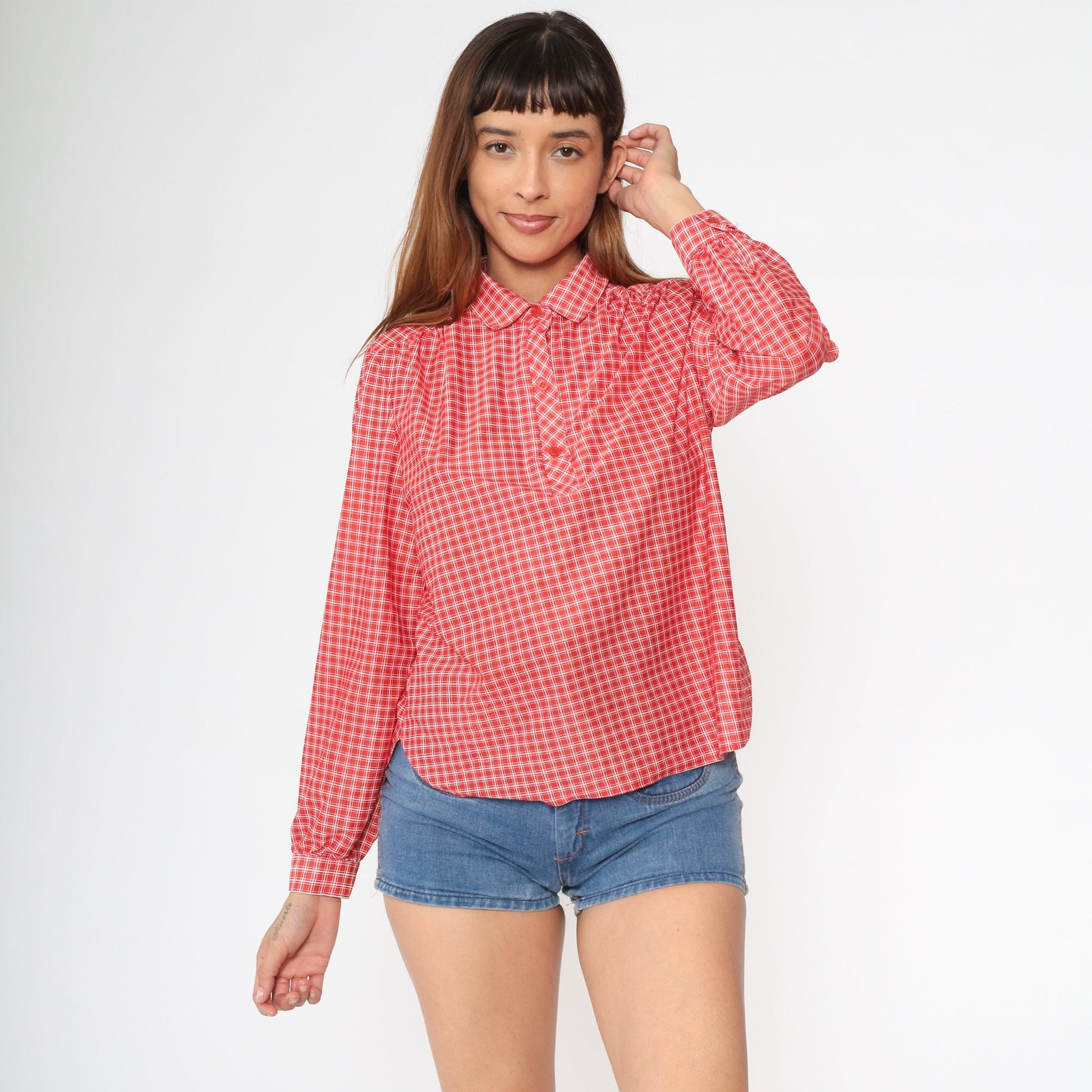 70s Checkered Blouse Red White Collared Long Sleeve Polo Shirt Medium M