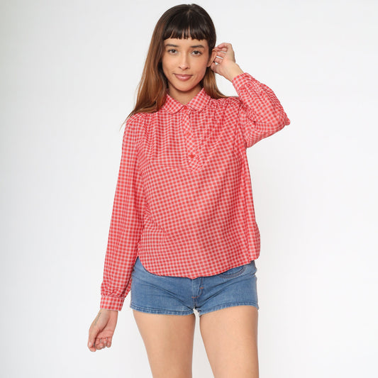 70s Checkered Blouse Red White Collared Long Sleeve Polo Shirt Medium M