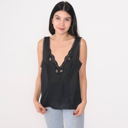 70s Black Lace Camisole V-Neck Tank Top Lingerie Extra Large