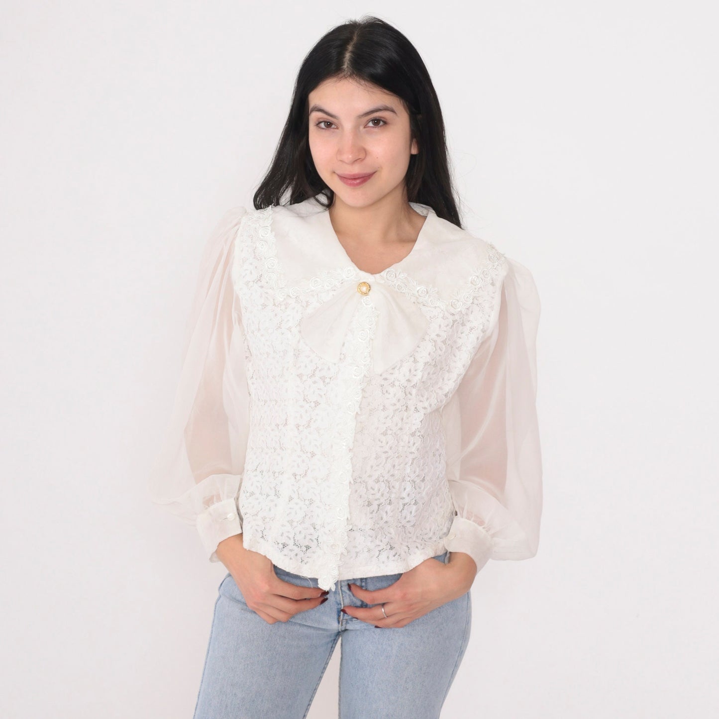 90s White Lace Blouse Puff Sleeve Bow Button-Up Collared Top Small S