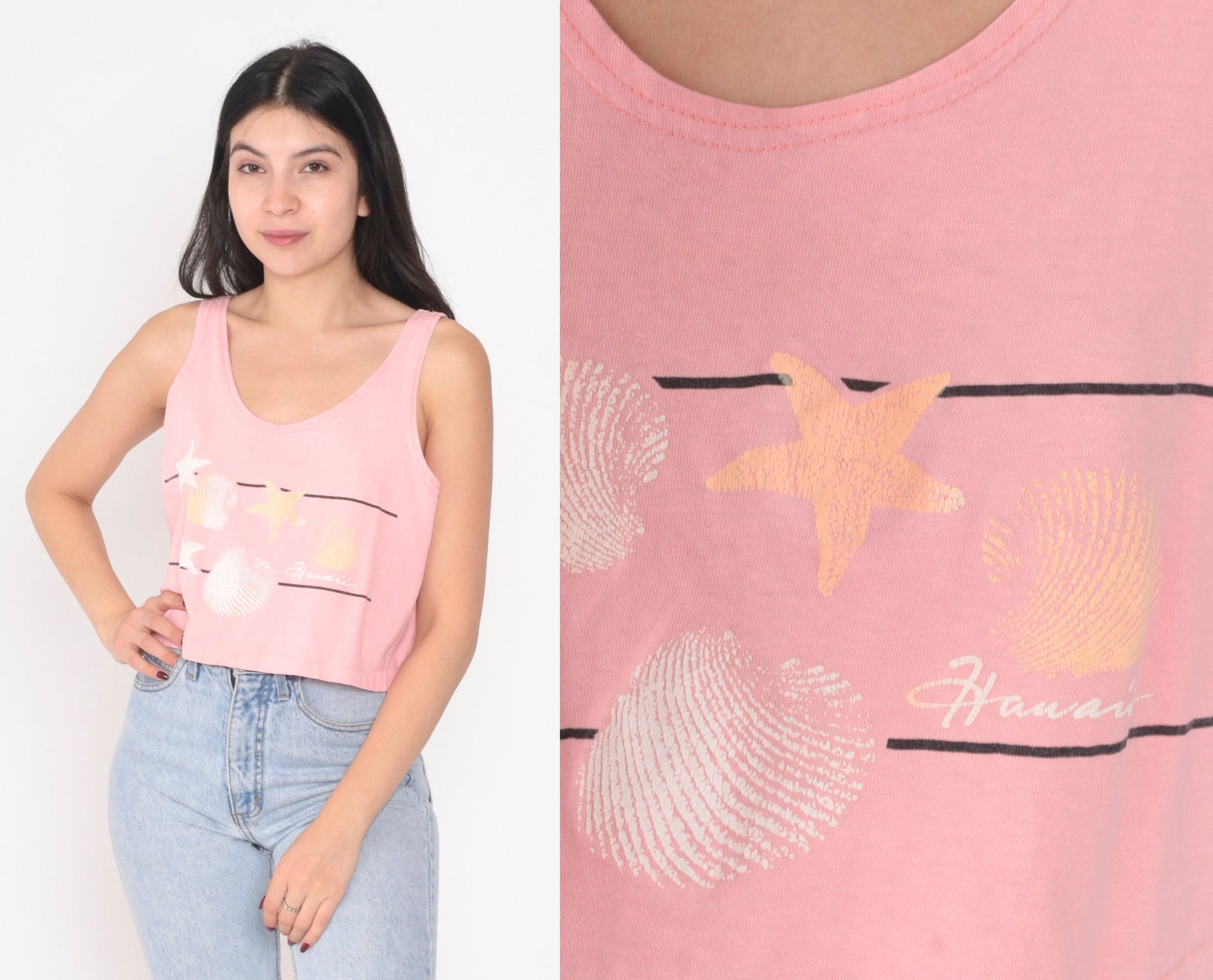 90s Hawaii Graphic Crop Tank Top Pink Single Stitch Medium