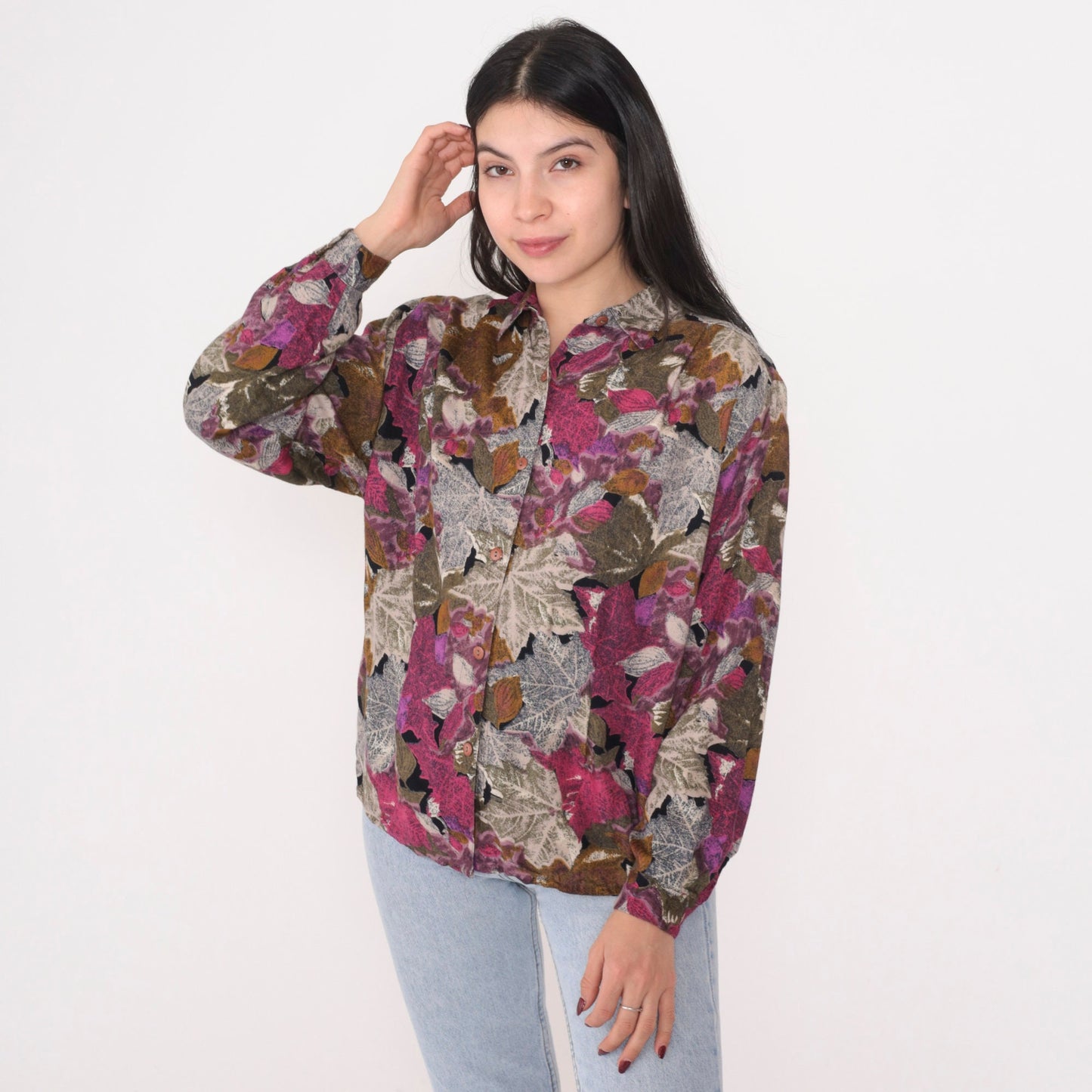 90s Dudwell Leaf Print Button-Up Blouse Long Sleeve Multicolor Large L