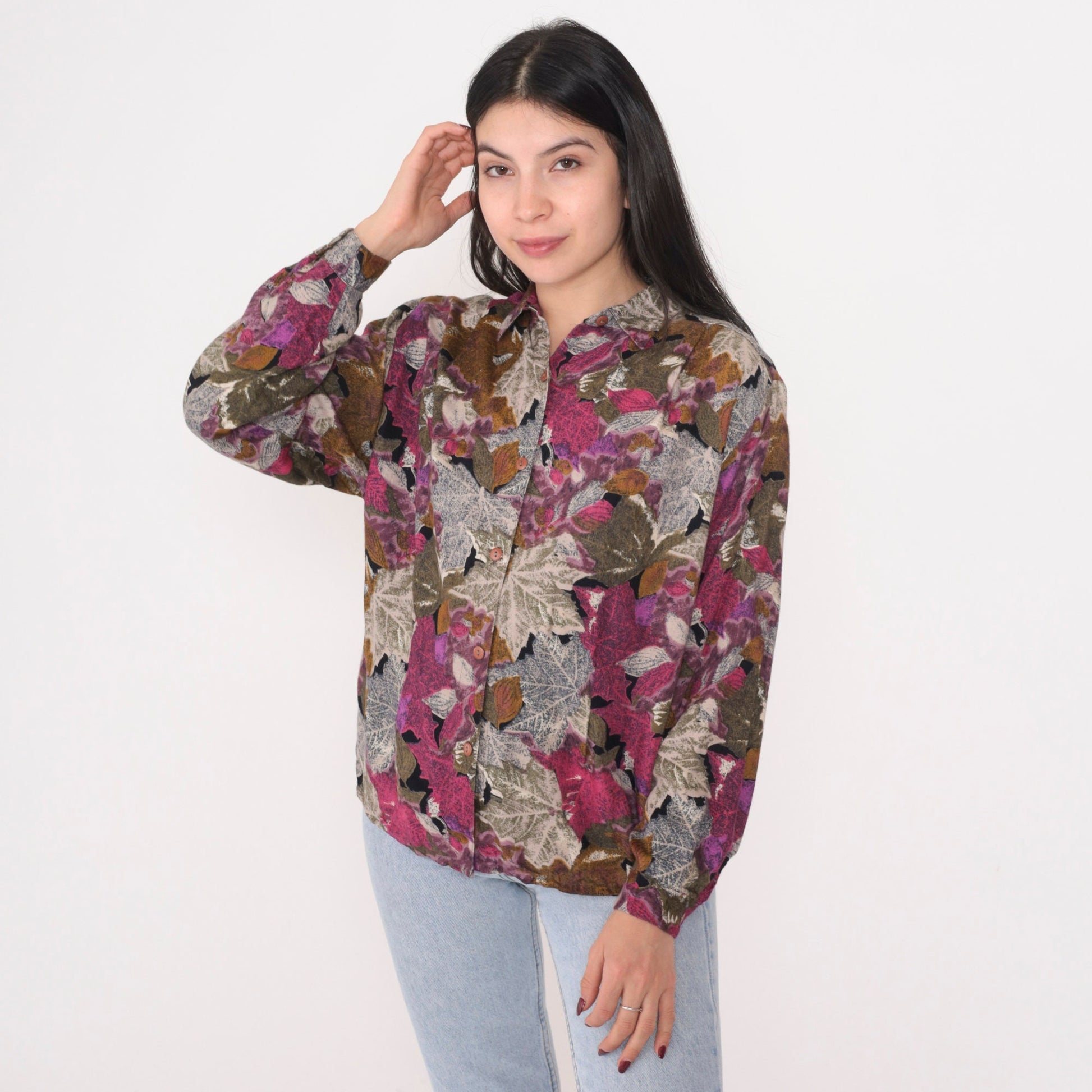 90s Dudwell Leaf Print Button-Up Blouse Long Sleeve Multicolor Large L