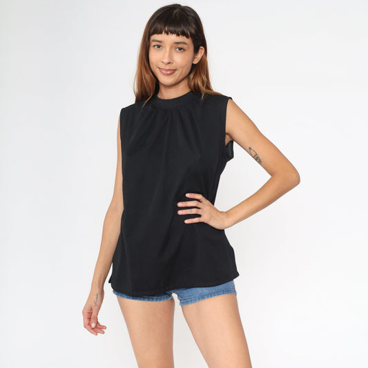 70s Black Draped Tank Top Sleeveless Blouse Topstitched Neckline Large L