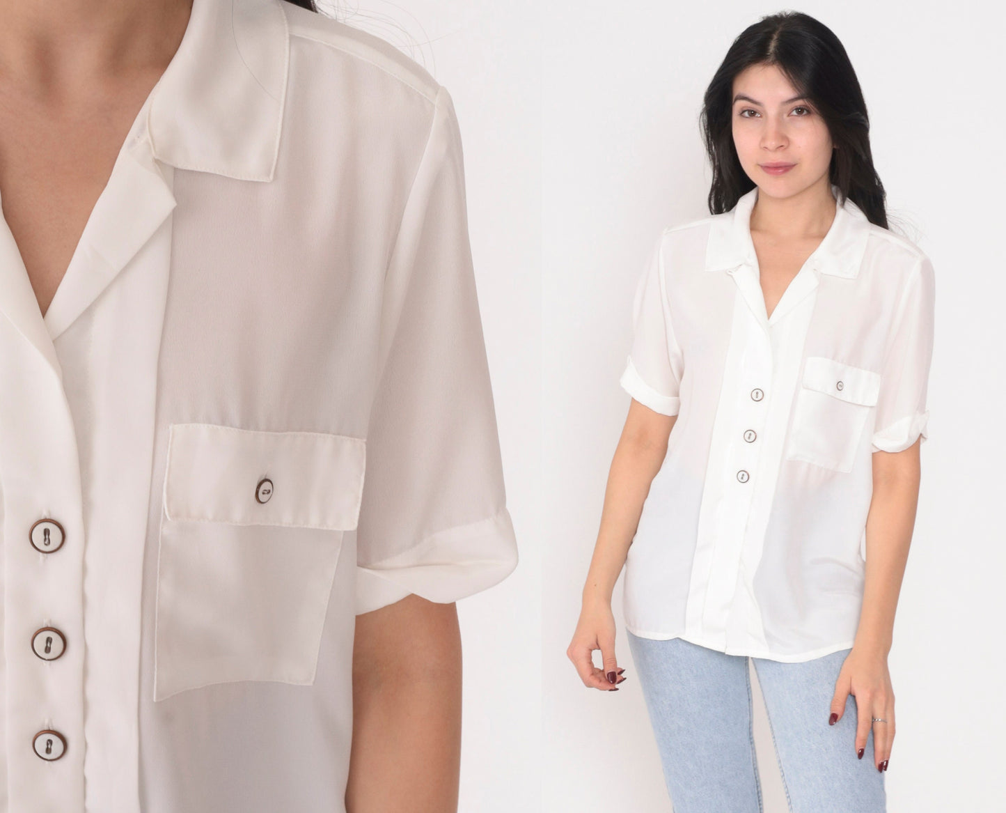 90s Nicola White Sheer Button-Up Blouse V-Neck Chest Pocket Small S
