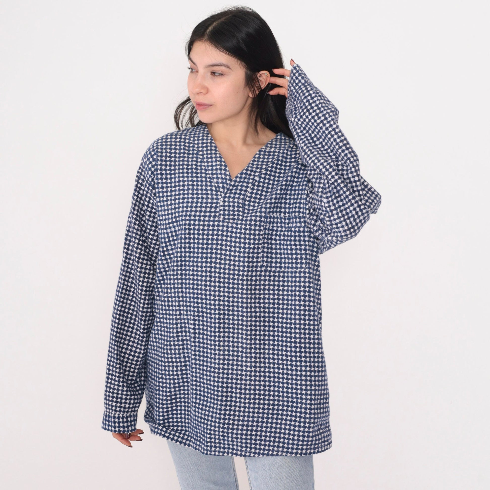 80s Blue White Checkered Cotton Tunic Top Long Sleeve V-Neck Extra Large XL