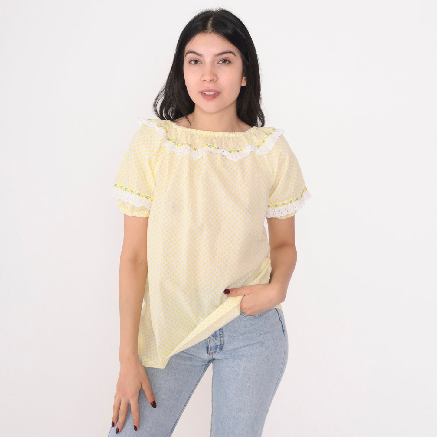 70s Yellow Floral Peasant Blouse Puff Sleeve Eyelet Lace Trim Small
