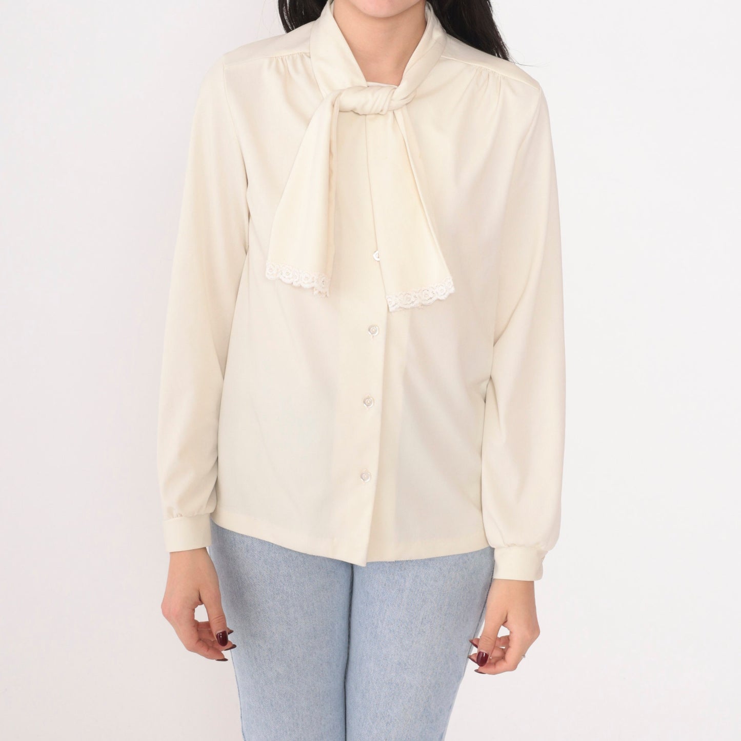 70s Cream Necktie Blouse Button Up Long Sleeve Lace Trim Small