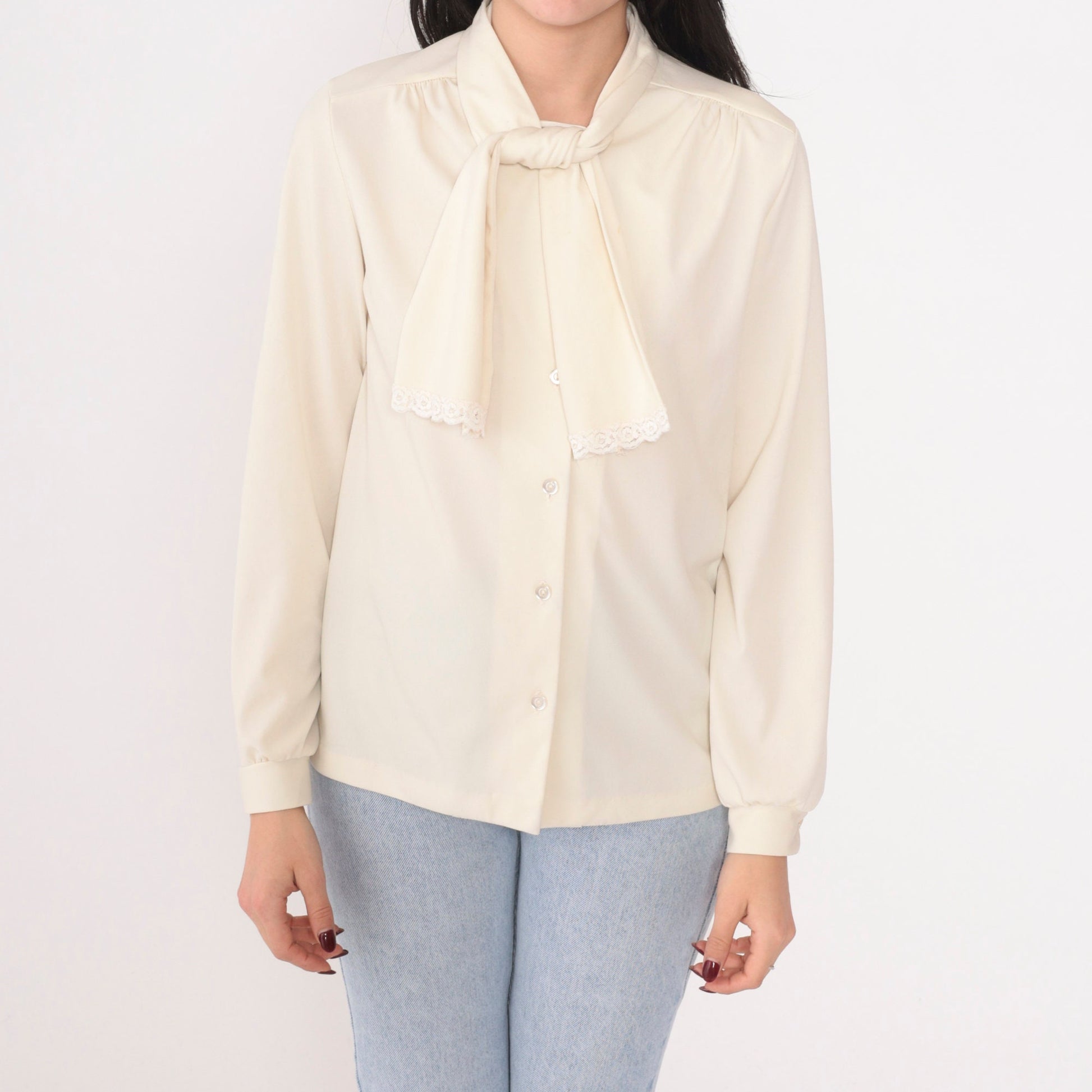 70s Cream Necktie Blouse Button Up Long Sleeve Lace Trim Small