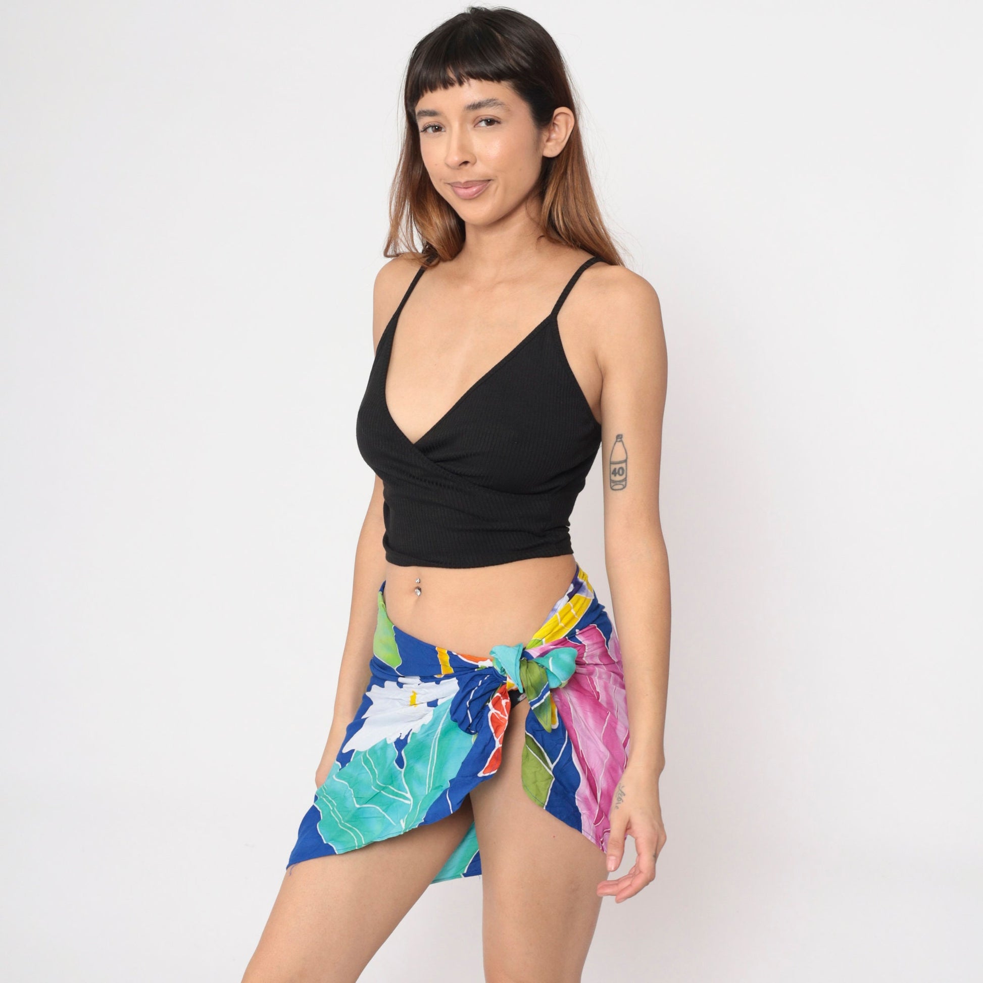 80s Buster N Bogi Tropical Sarong Mini Skirt Blue Floral Rayon Medium