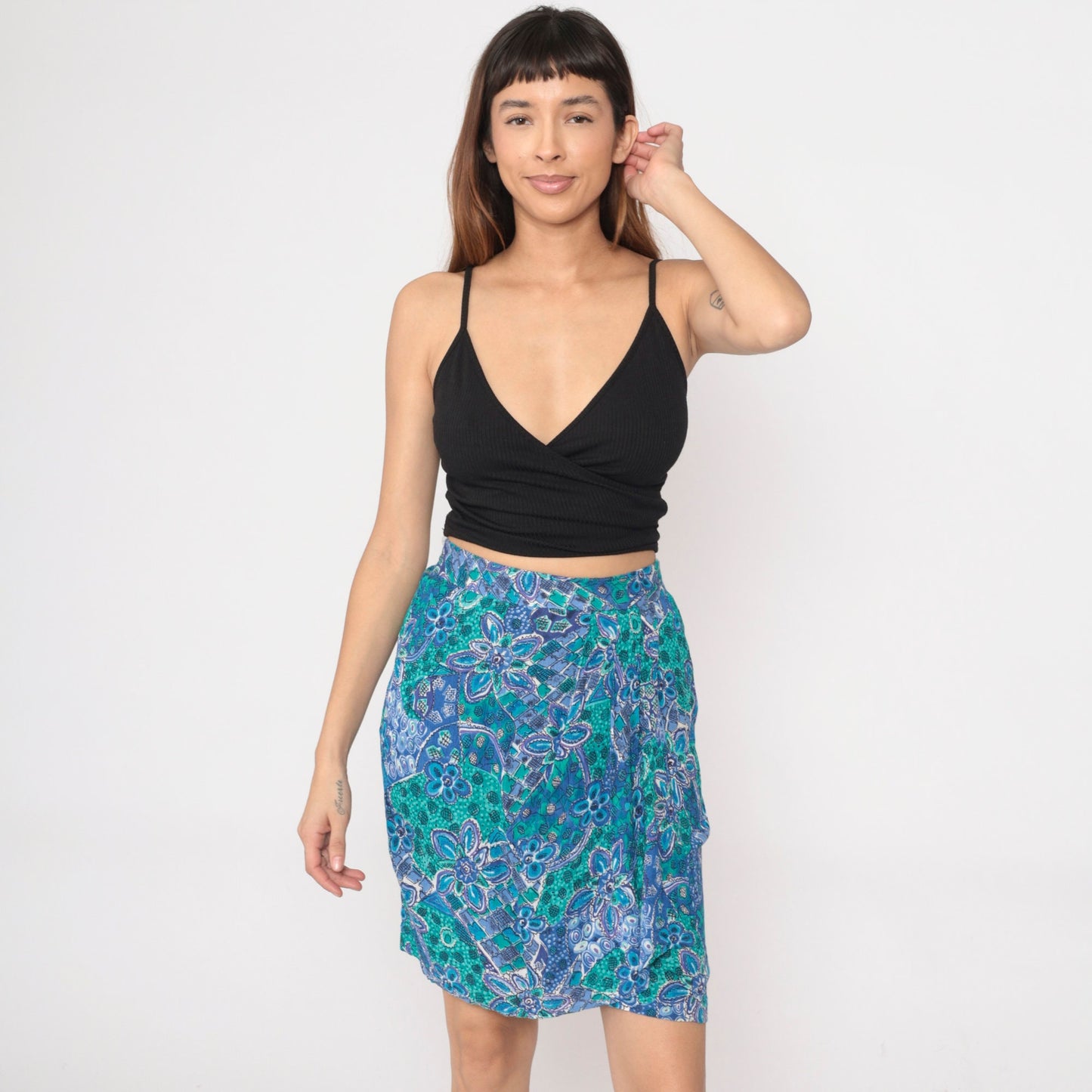90s Floral Mini Skirt High Waist Faux Wrap Panel Rayon Small
