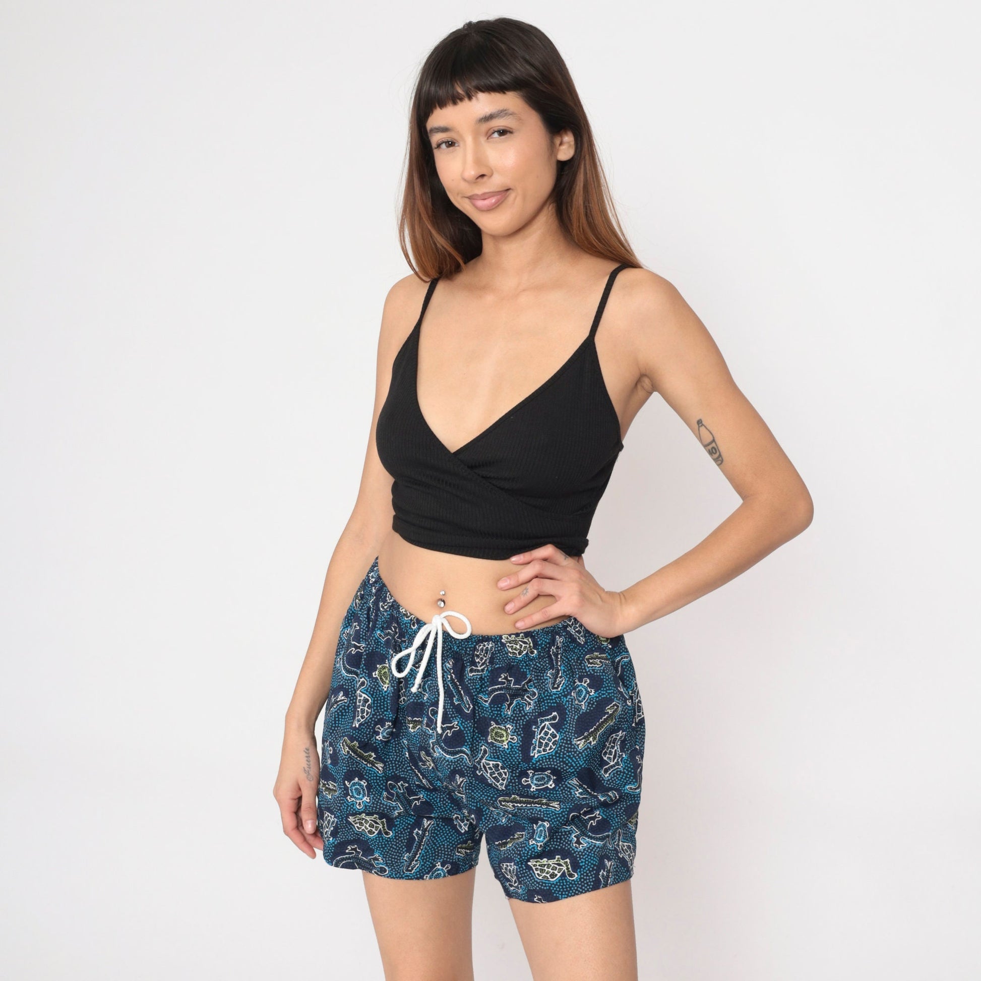 00s Turtle Alligator Print Swim Shorts Blue Elastic Waist Small