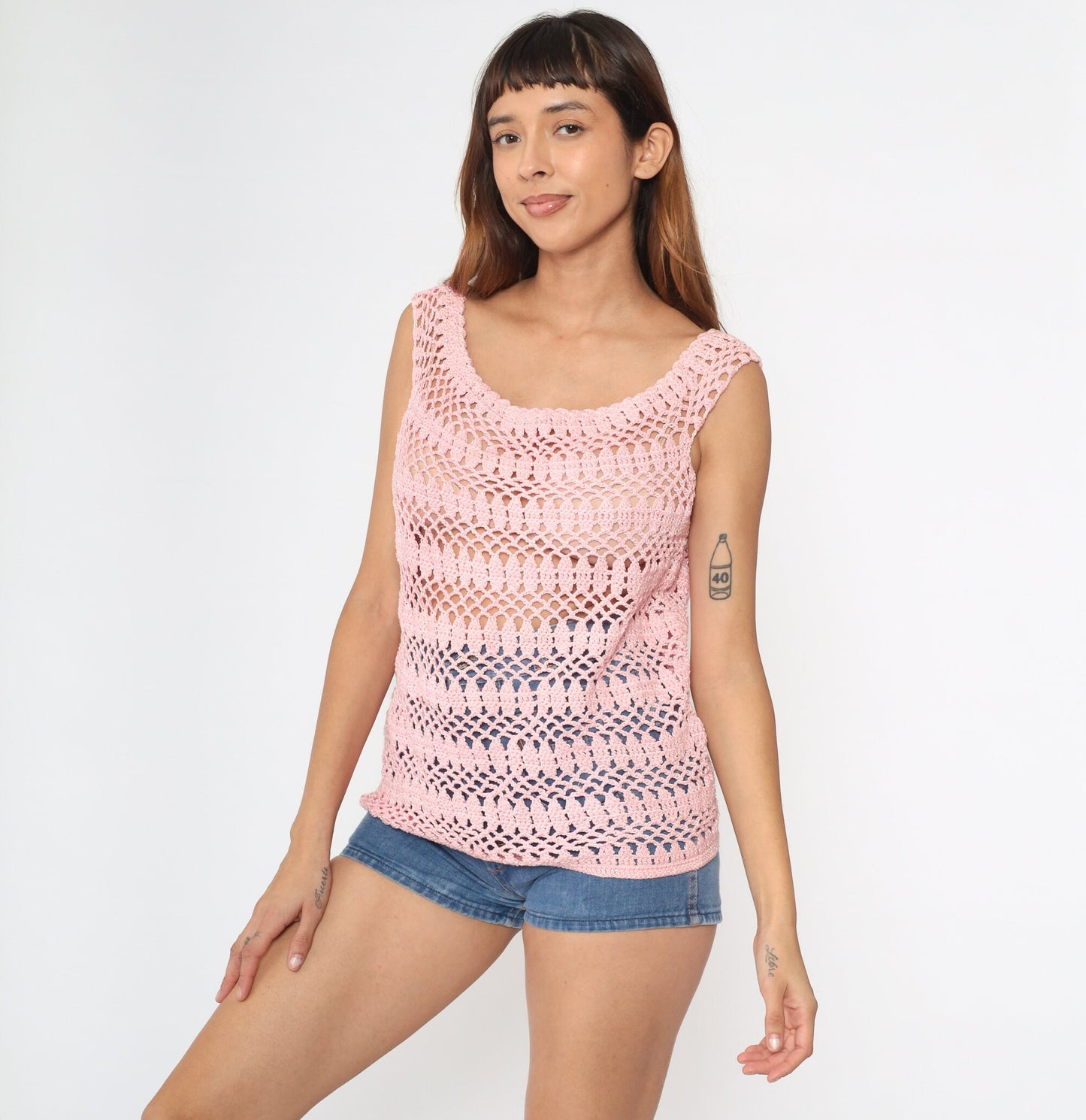 70s Baby Pink Crochet Tank Top Cotton Sheer Knit Small