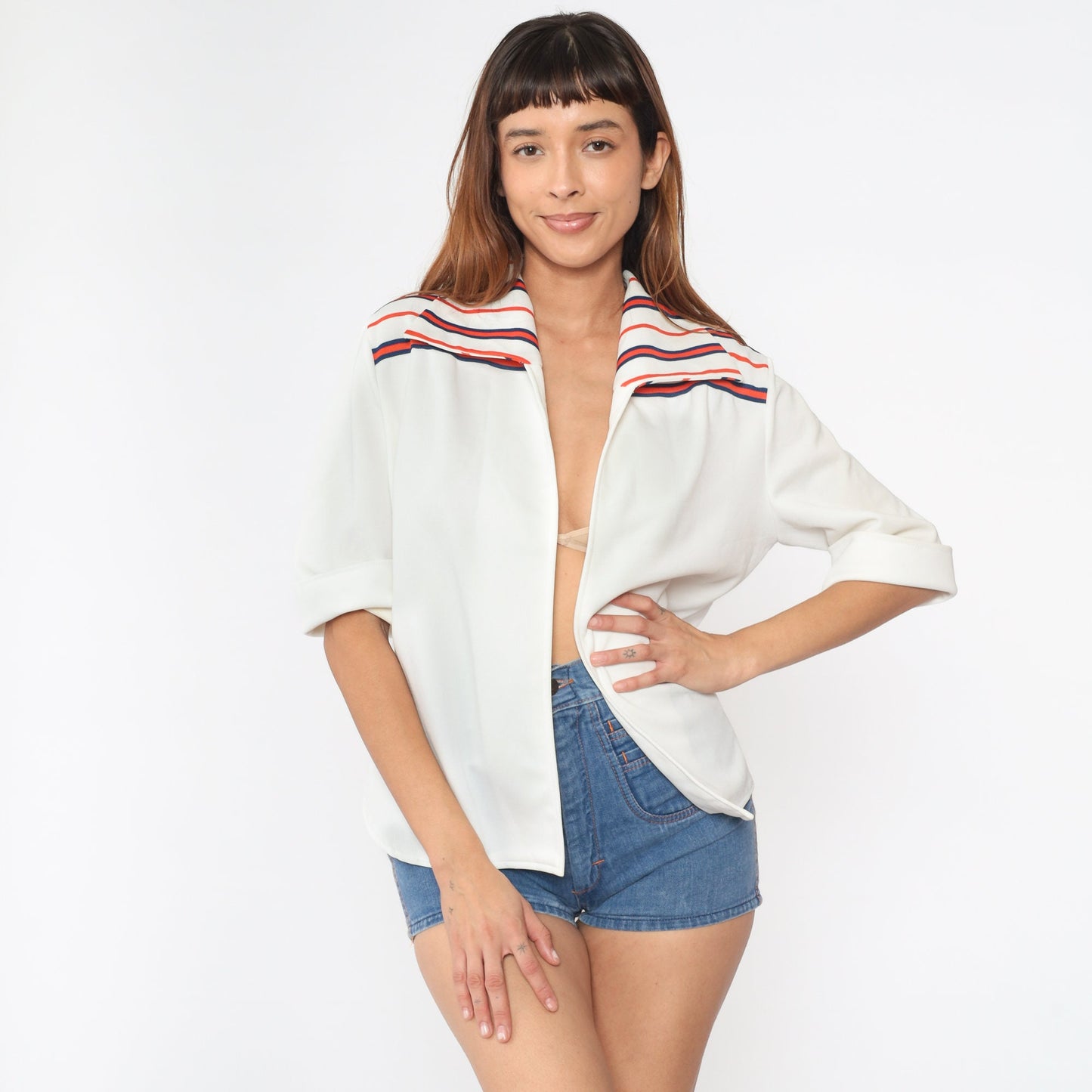 70s Open Front Jacket Off-White Navy Orange Striped Short Sleeve Medium