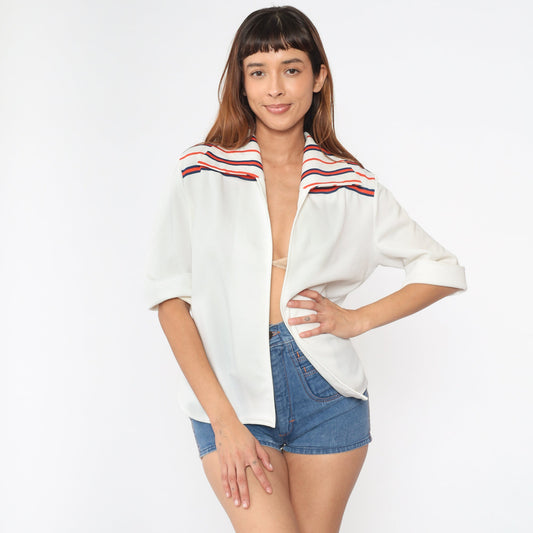 70s Open Front Jacket Off-White Navy Orange Striped Short Sleeve Medium