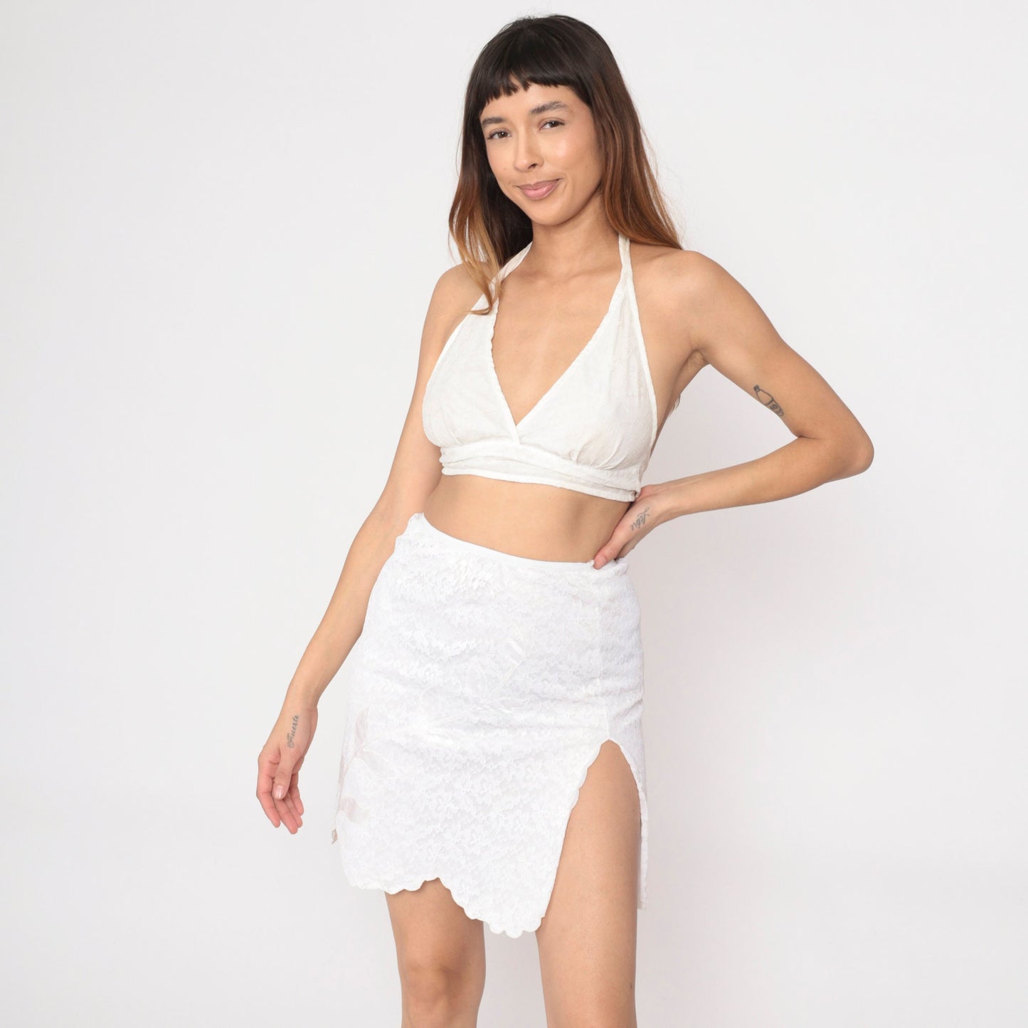 70s White Lace Half Slip Skirt Scalloped Satin Leaf Applique Small