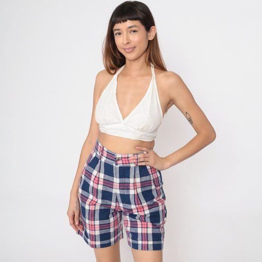 90s Dark Blue Pink Plaid High-Waisted Shorts Pleated Cotton Small