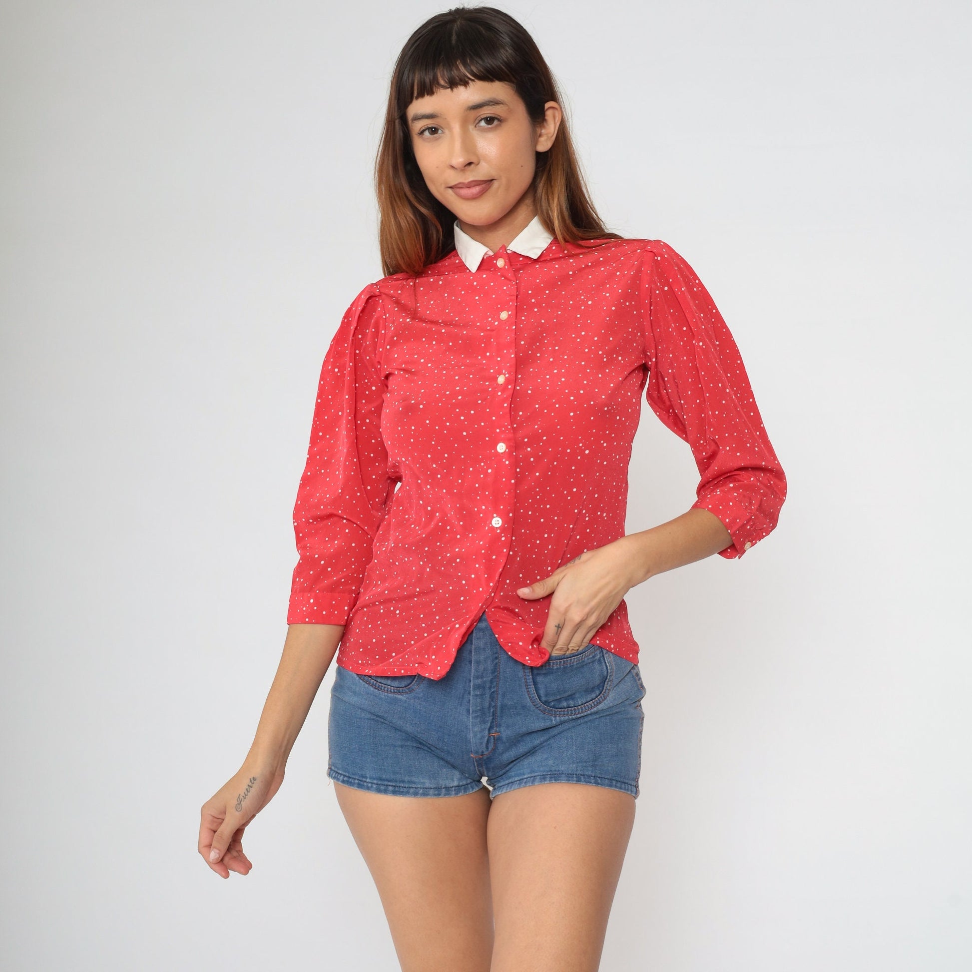80s Red Polka Dot Puff Sleeve Blouse White Collar Button Up Extra Small