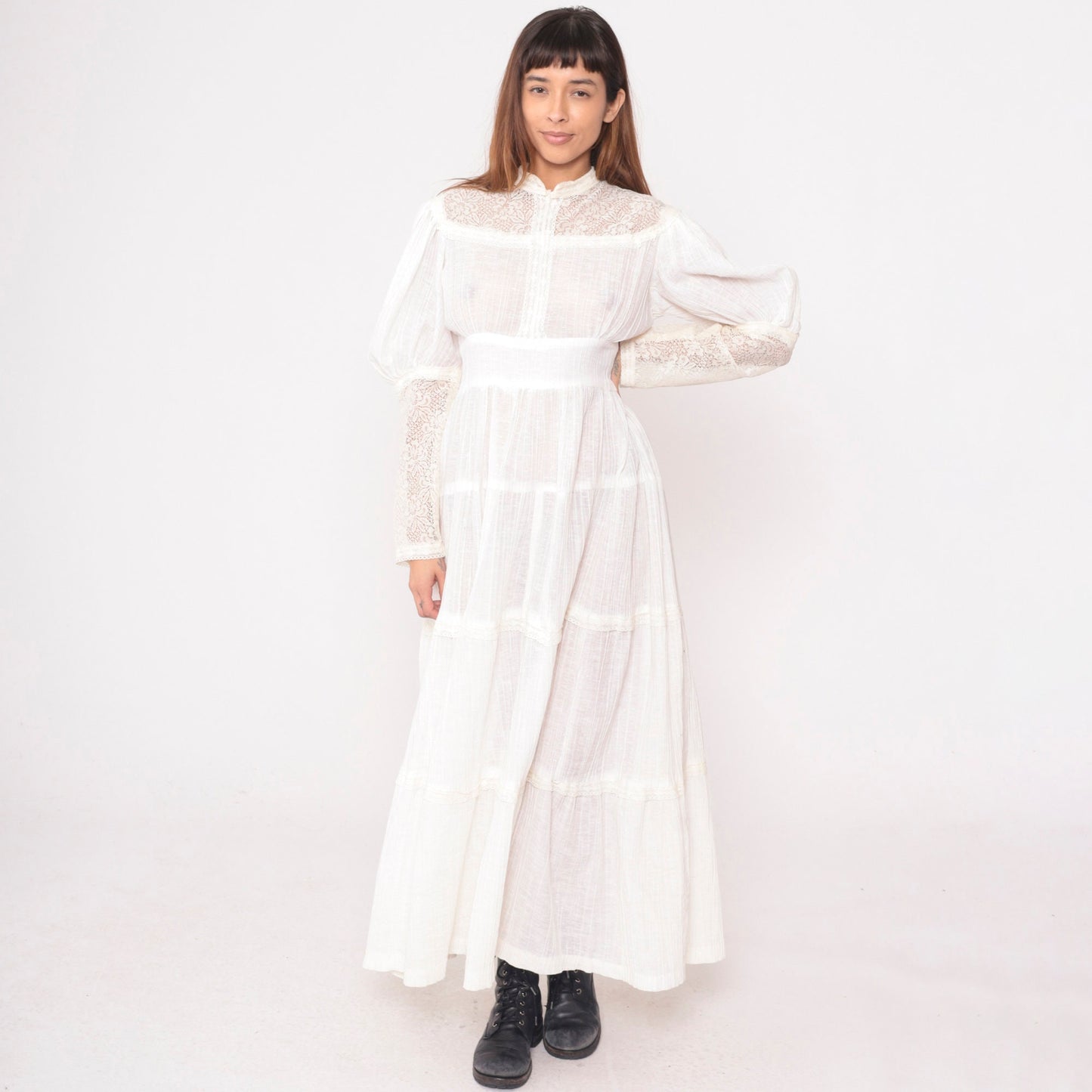 70s Maxi Dress Gauze Lace High Neck Tie Waist Long Sleeve Off-White Medium