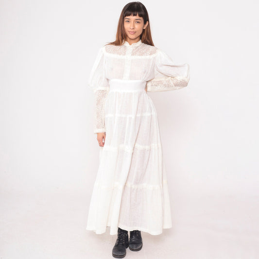 70s Maxi Dress Gauze Lace High Neck Tie Waist Long Sleeve Off-White Medium