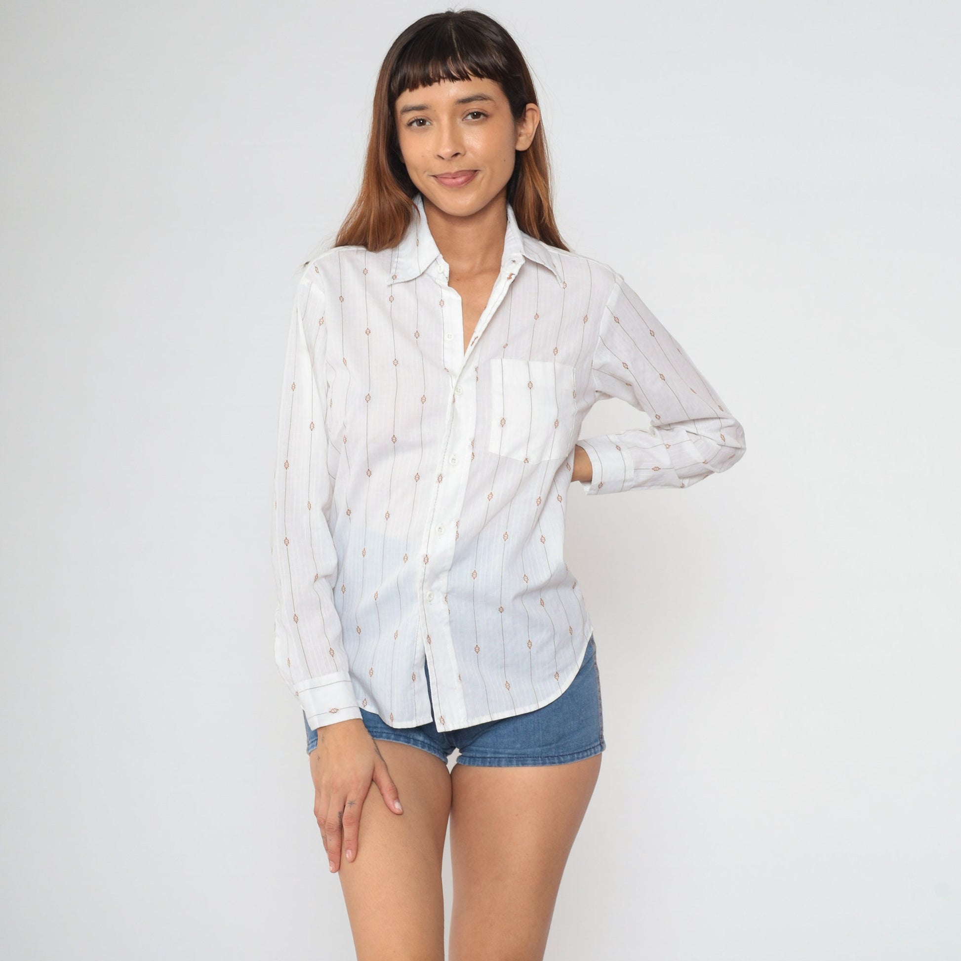 70s White Pinstriped Oxford Button-Up Shirt Dagger Collar Long Sleeve Small