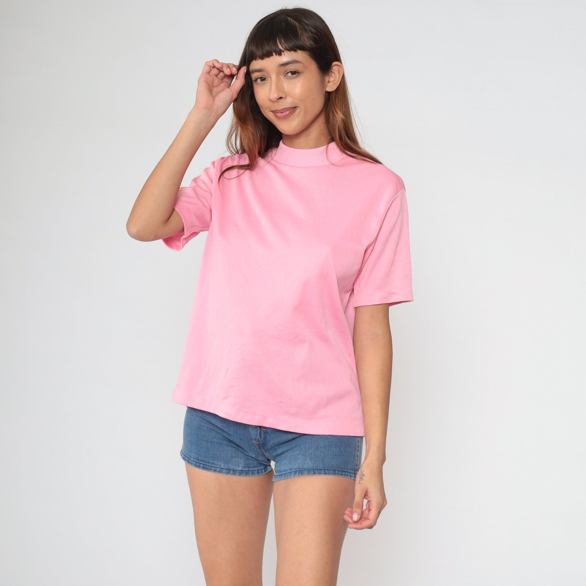 70s Pink Mock Neck Shirt Short Sleeve Blouse Medium Large