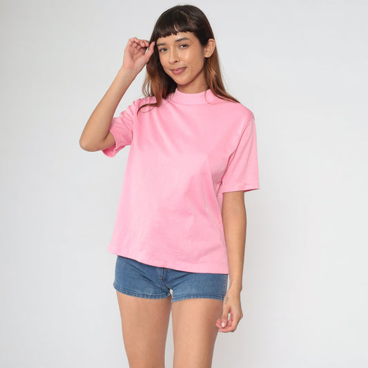 70s Pink Mock Neck Shirt Short Sleeve Blouse Medium Large