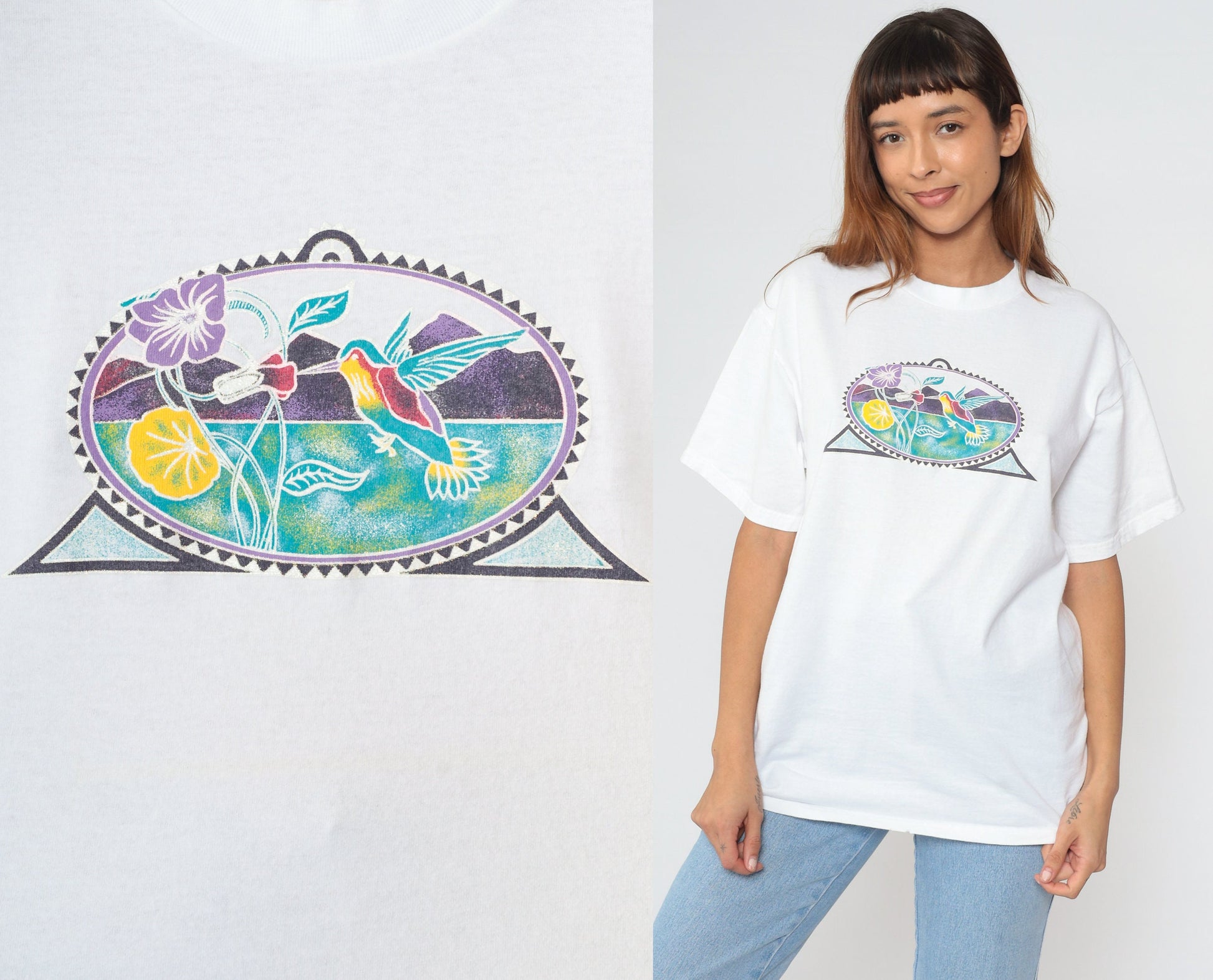 90s Hummingbird Floral Graphic T-Shirt White Cotton Tee Mountain Print Large