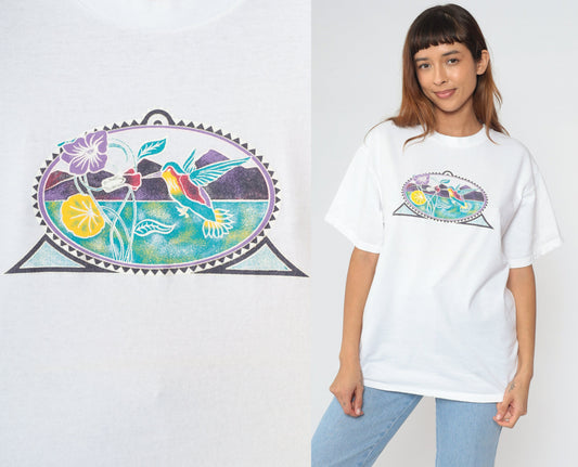 90s Hummingbird Floral Graphic T-Shirt White Cotton Tee Mountain Print Large