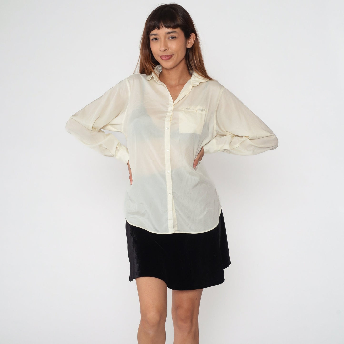 80s Liz Claiborne Cream Button-Up Blouse Long Sleeve Chest Pocket Large