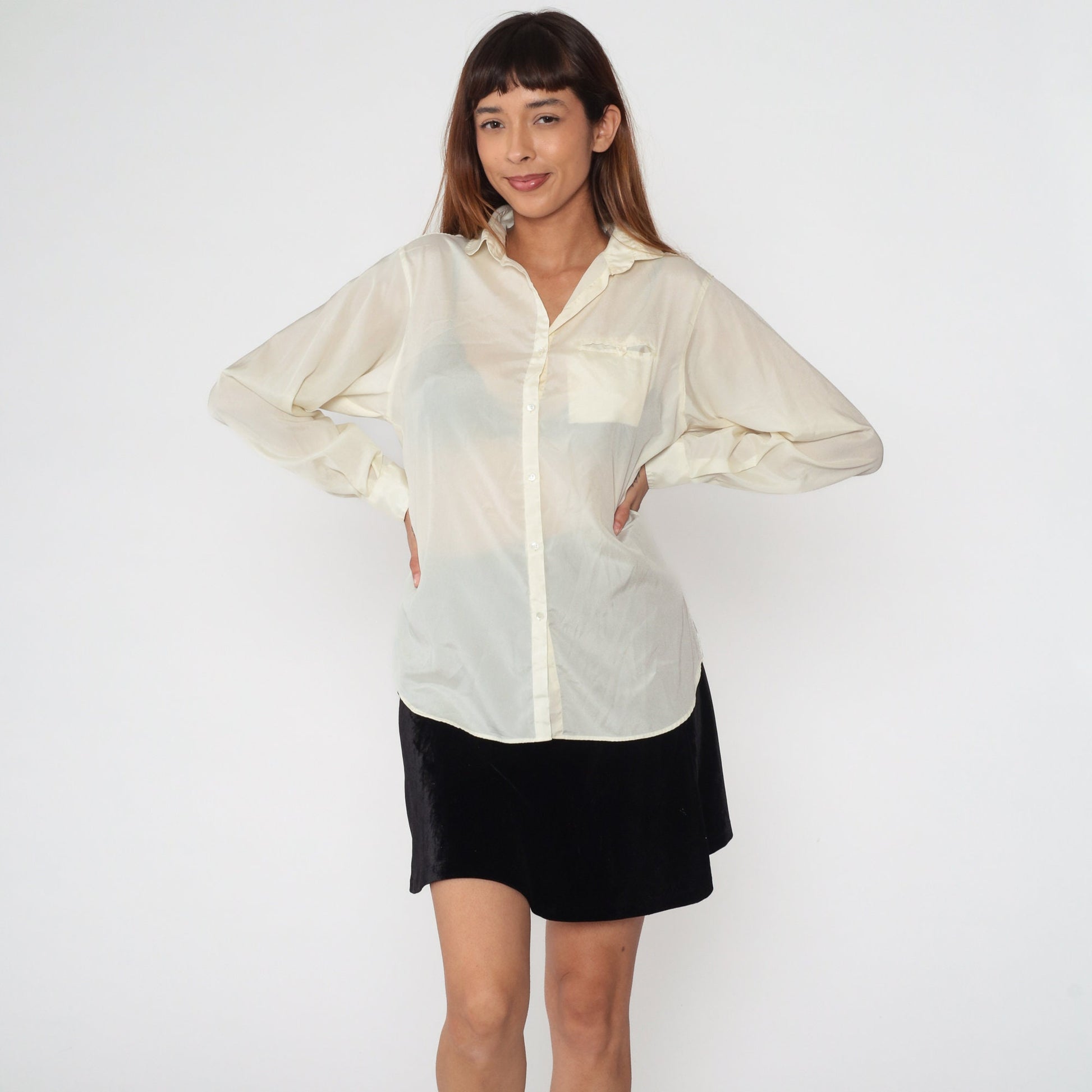 80s Liz Claiborne Cream Button-Up Blouse Long Sleeve Chest Pocket Large