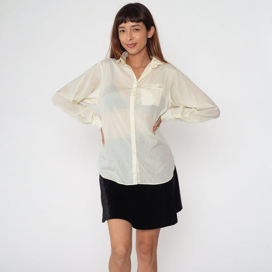 80s Liz Claiborne Cream Button-Up Blouse Long Sleeve Chest Pocket Large