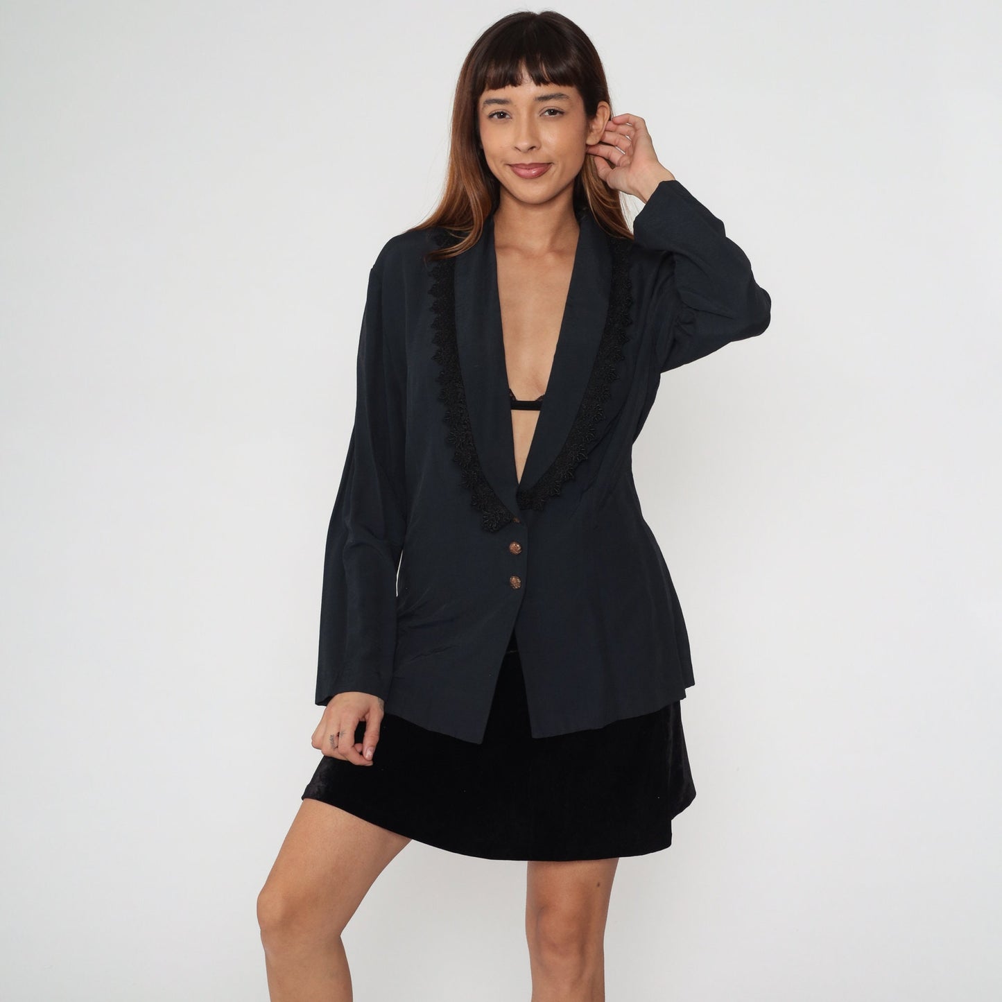 90s Black Blazer Jacket Lace Trim Deep V Neck Button Up Medium M