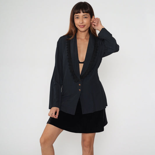 90s Black Blazer Jacket Lace Trim Deep V Neck Button Up Medium M