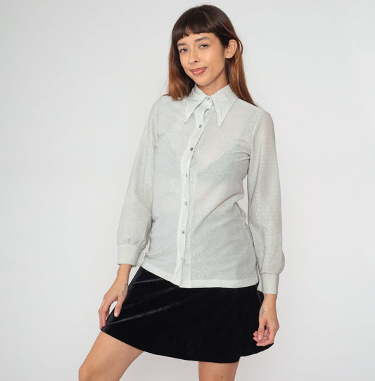70s Metallic Silver Rhinestone Button Blouse Dagger Collar Long Sleeve Small