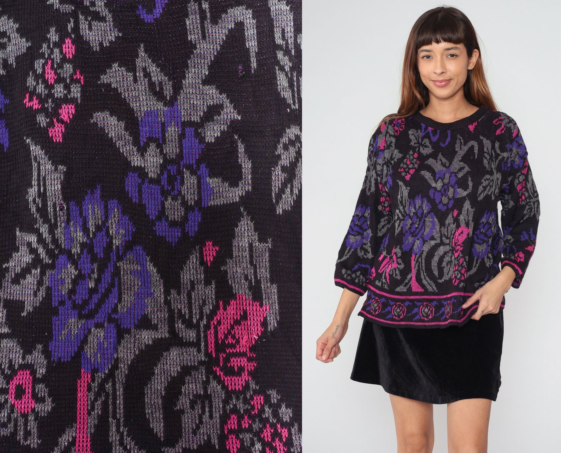 80s Black Floral Knit Sweater Pink Purple Rose All-Over Print Large L