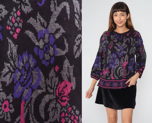 80s Black Floral Knit Sweater Pink Purple Rose All-Over Print Large L