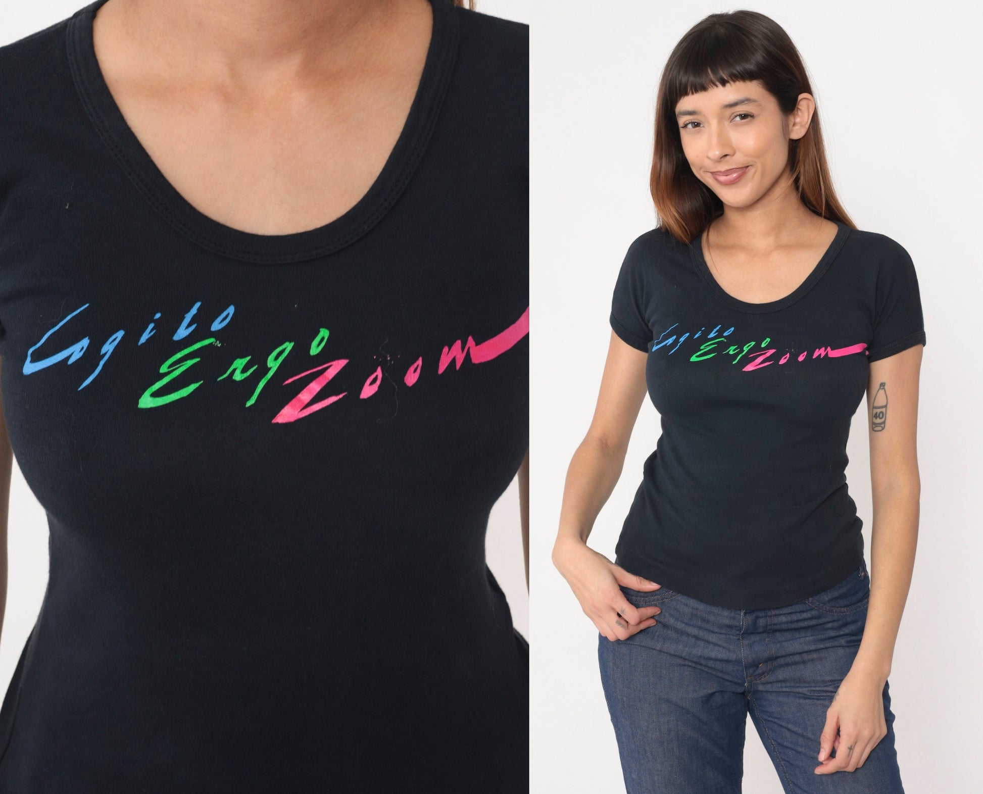 80s Cogito Ergo Zoom Black Graphic T-Shirt Cotton Single Stitch Small