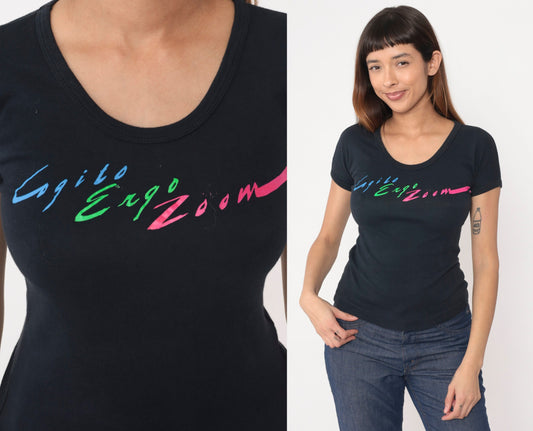 80s Cogito Ergo Zoom Black Graphic T-Shirt Cotton Single Stitch Small