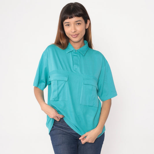 80s Turquoise Polo Shirt Cotton Blend Chest Pocket Banded Hem Extra Large XL