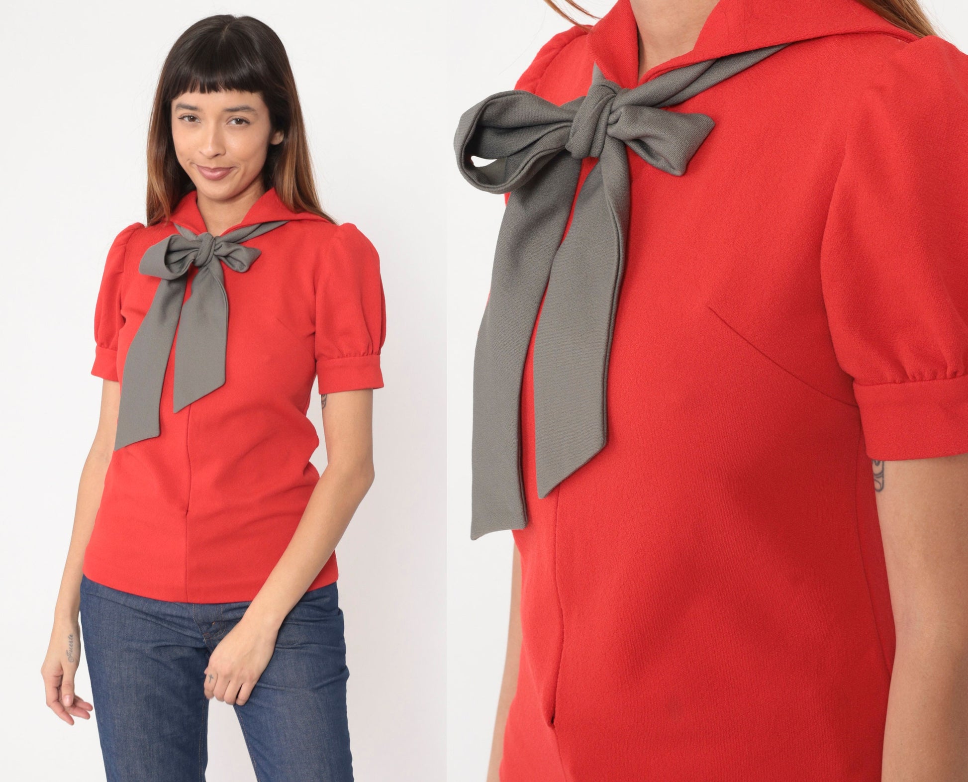70s Red Sailor Collar Blouse Grey Ascot Puff Sleeve Front Zip Small