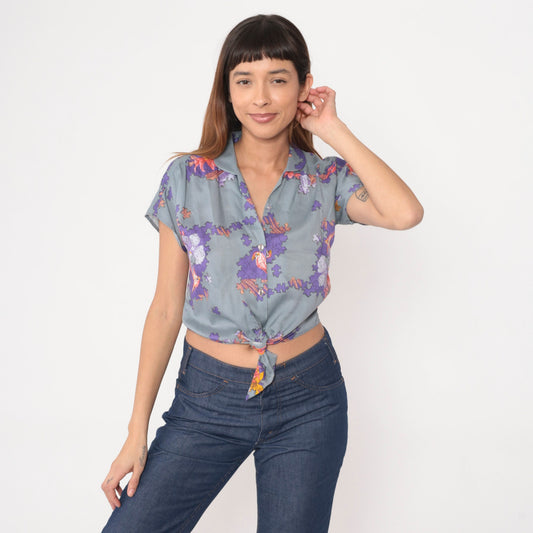 80s Tropical Bird Puzzle Pieces Tie Waist Shirt Grey Purple Rayon Small