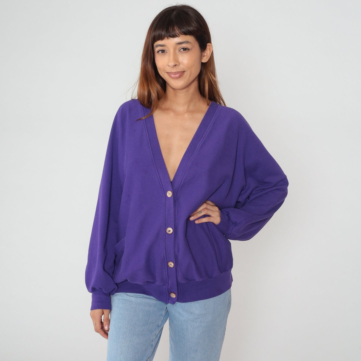 90s Purple Cardigan Sweatshirt Button Up Slouchy Pockets One Size
