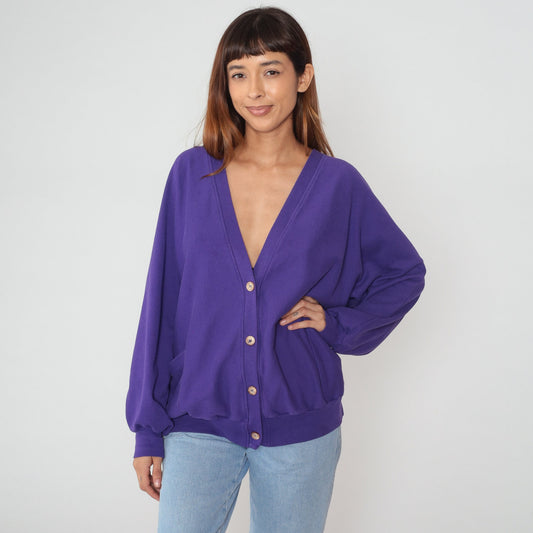 90s Purple Cardigan Sweatshirt Button Up Slouchy Pockets One Size