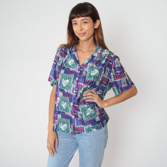 90s Abstract Floral Button-Up Blouse Short Sleeve Purple Pink Blue-Green XXL