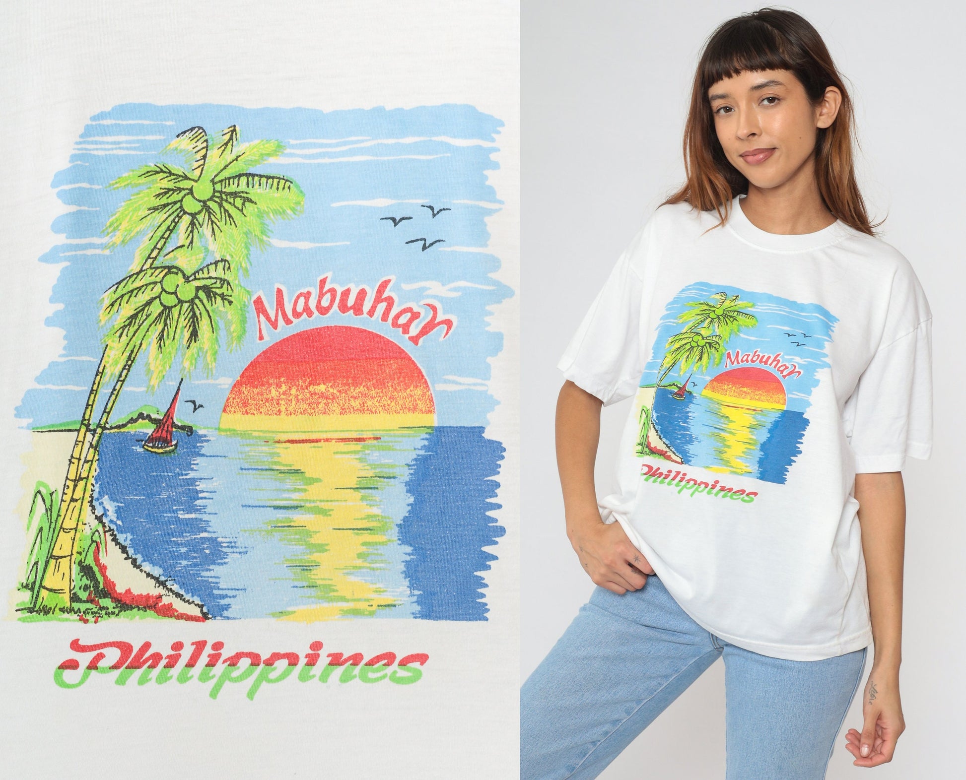 Y2K Philippines Mabuhay Graphic T-Shirt Tropical Beach Palm Tree Sailboat Large