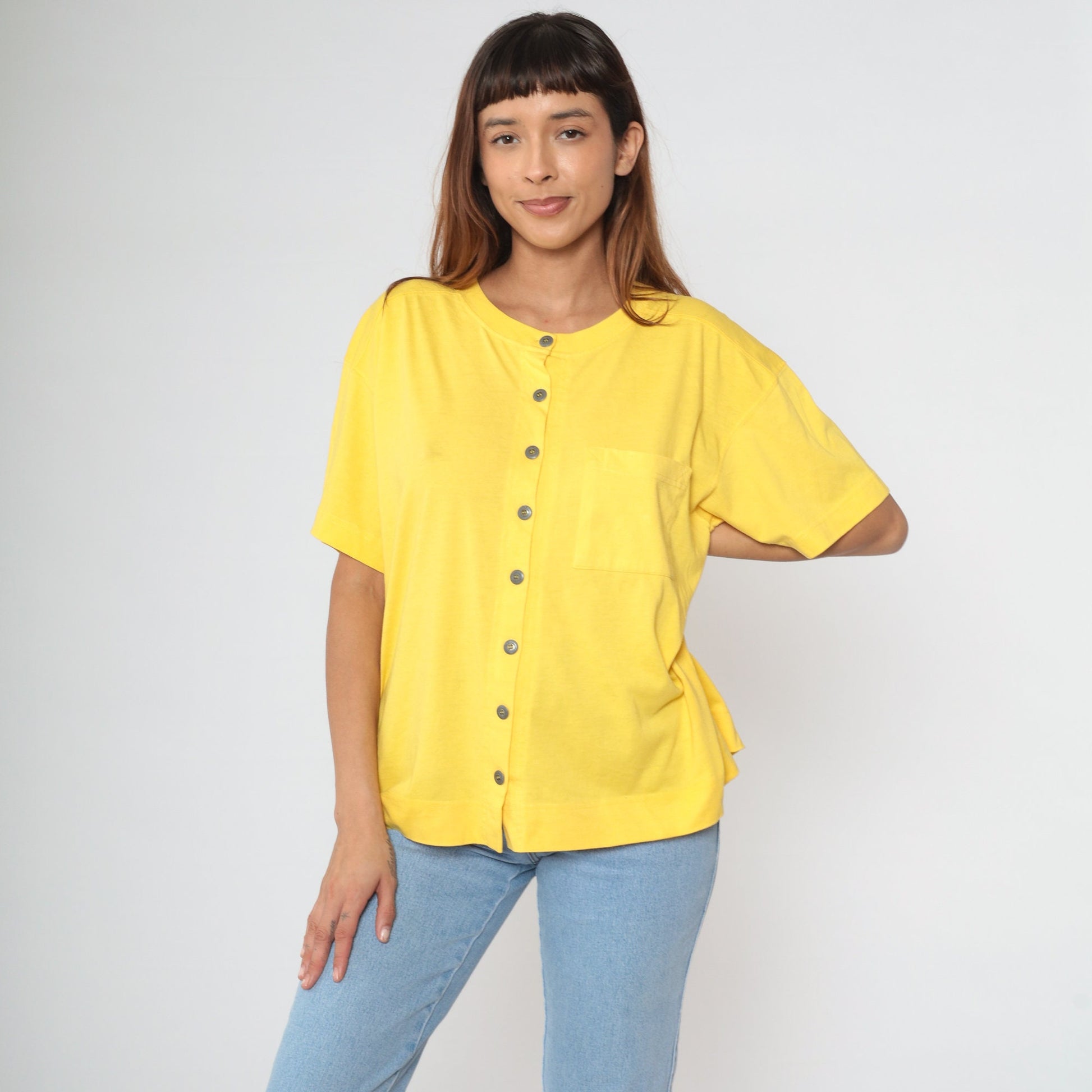 90s Yellow Cotton Button-Up Shirt Pocket Tee Medium