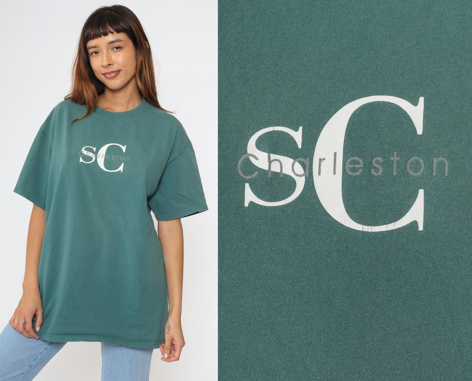 90s Charleston South Carolina Graphic Cotton T-Shirt Green Extra Large